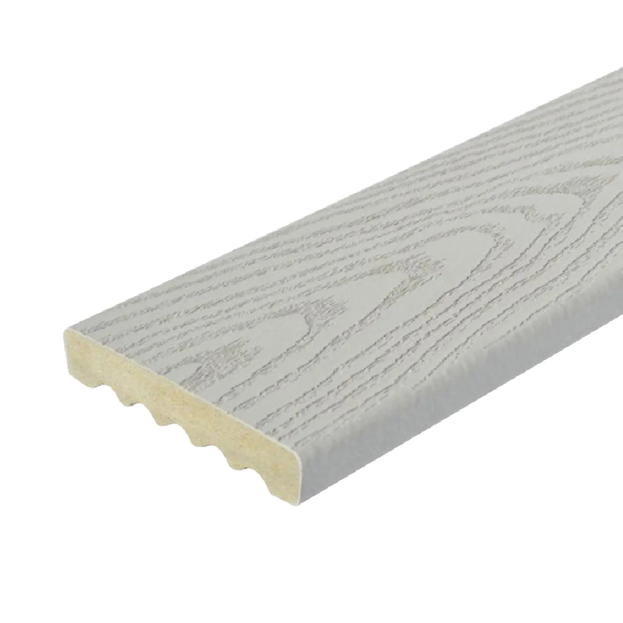A single piece of Go Builds 15/16 in. x 5-1/4 in. x 12 ft. Composite Decking Square Edge - Gray featuring wood grain texture, a smooth side, and an edge with a scalloped pattern resembling Veranda Composite Deckings protective cap design.